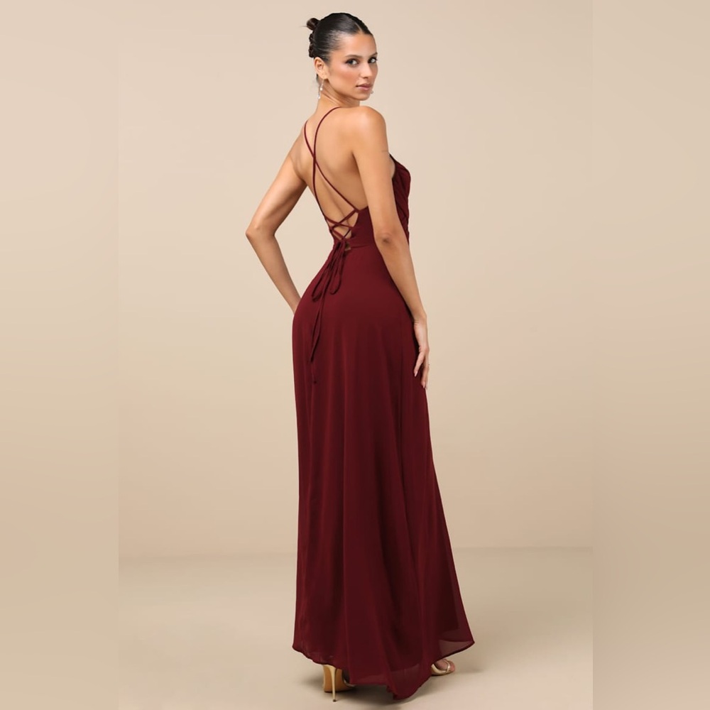 NWT Lulus Event Ready Burgundy Backless Lace-Up Maxi Dress Evening Formal MD - Picture 3 of 10